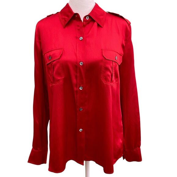 Talbots Silk Button Up Blouse Top Red Career Preppy Petite 14 - Picture 1 of 10